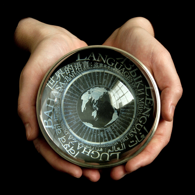 The microetched Rosetta Disk shown inside the Rosetta sphere (photo by Laine Stranahan)