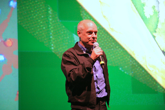 Long Now co-founder Brian Eno at his 77 Million Paintings opening in San Francisco, 02007; photo by Scott Beale