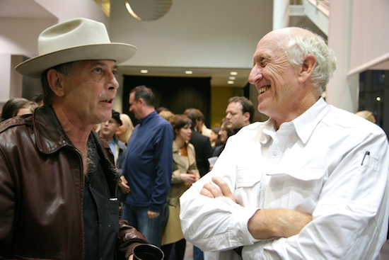 Burning Man co-founder Larry Harvey and Long Now co-founder Stewart Brand at 77 Million Paintings opening in San Francisco; photo by Scott Beale