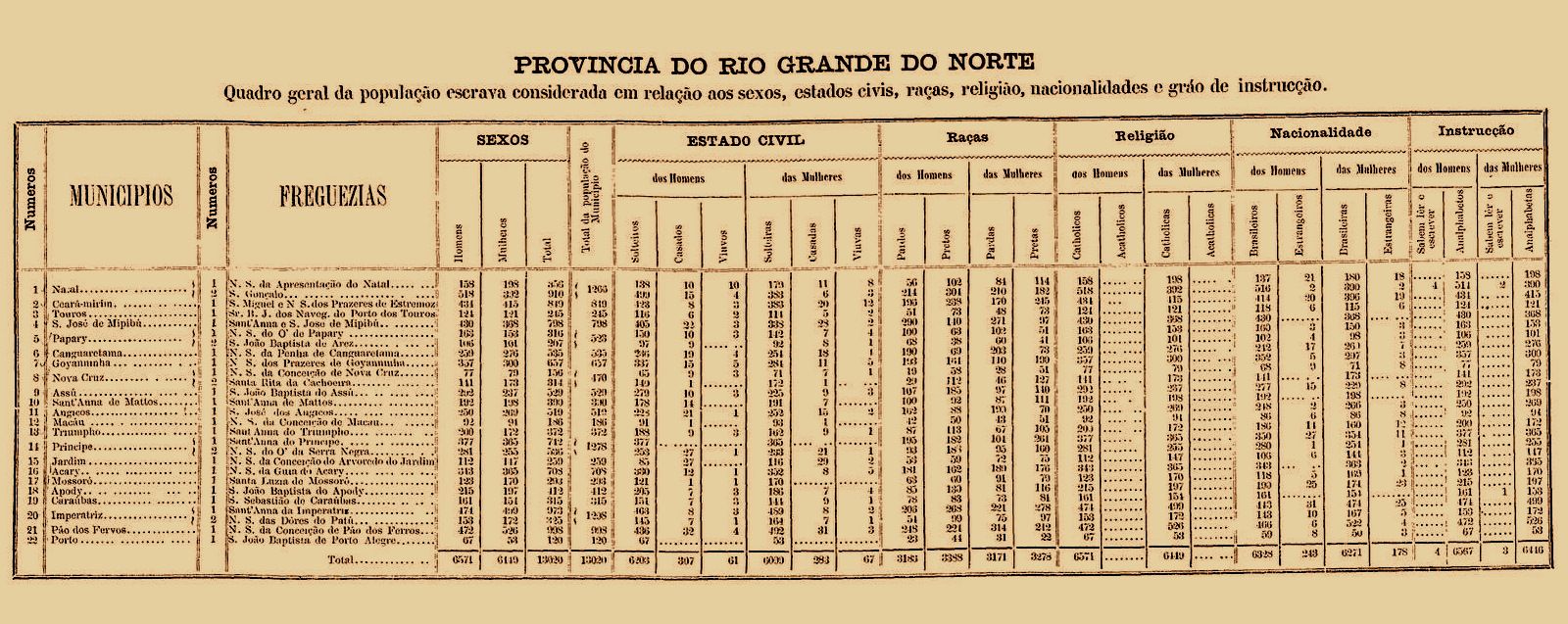 An excerpt from the results of the Brazilian census of 1872, featuring columns on races and slave status.